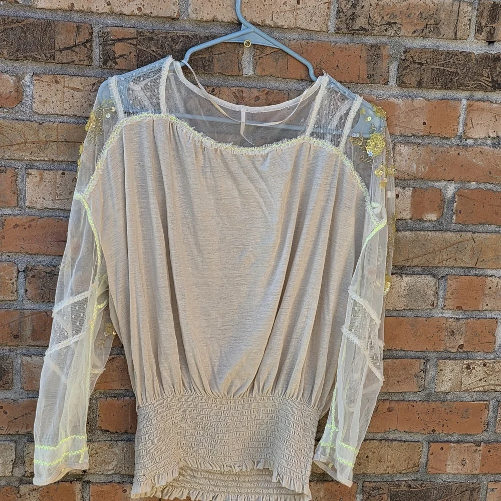 Free People Cream Blouse with Gold Embroidery